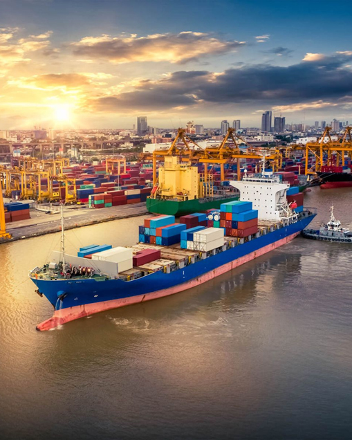 Container ship being loaded at a cargo port