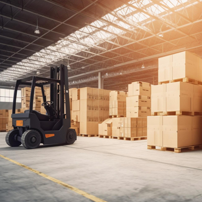 Forklifts moving pallets at a warehouse loading dock