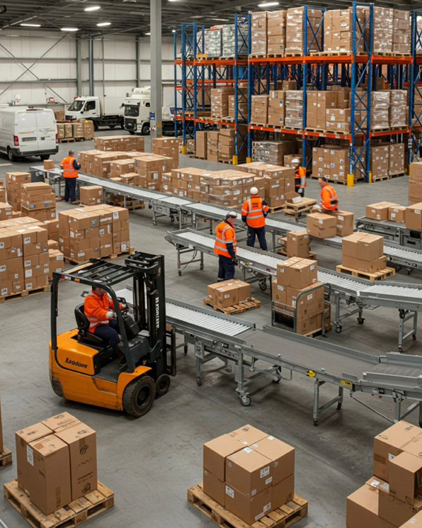 Warehouse shelves stacked with packed goods