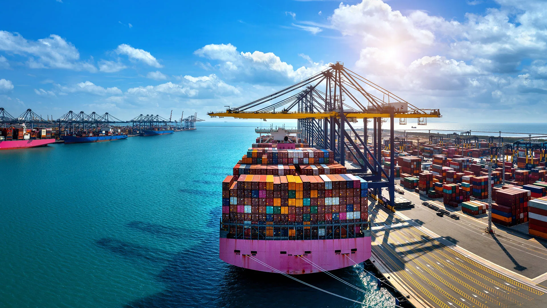 Aerial view of a container ship loaded with cargo