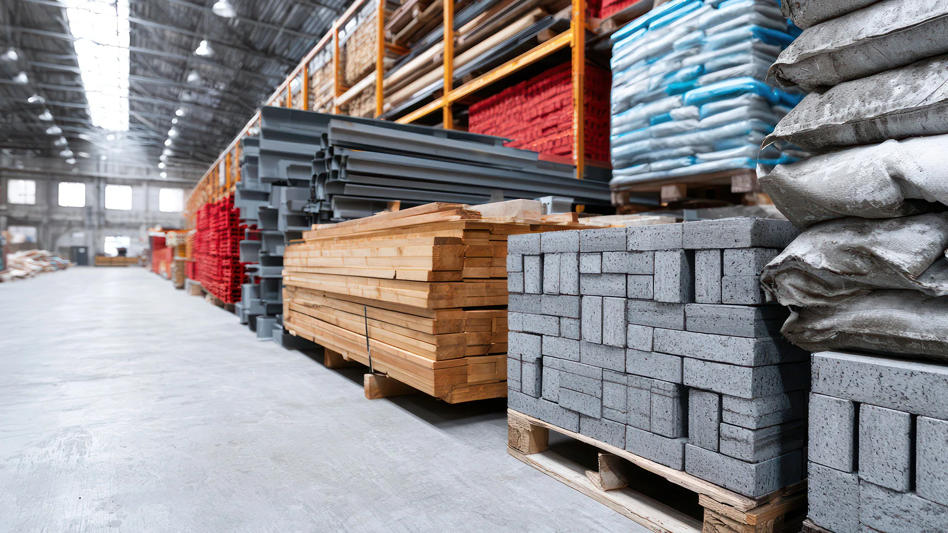 Warehouse stocked with bricks, cement, timber and steel