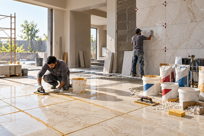 Tile adhesive being applied