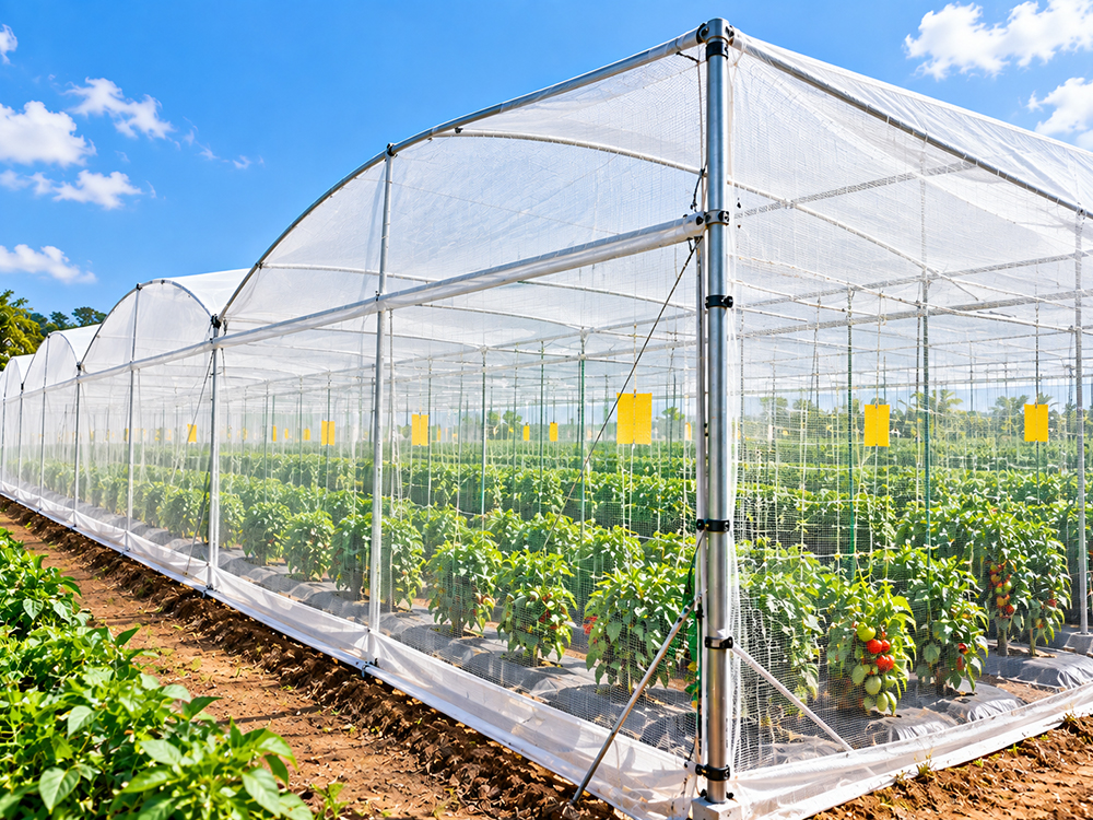 Agricultural netting in a greenhouse