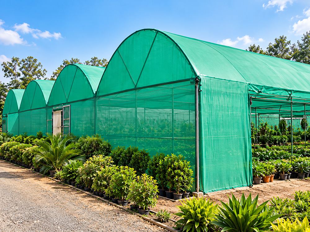 Green shade netting stretched over a frame